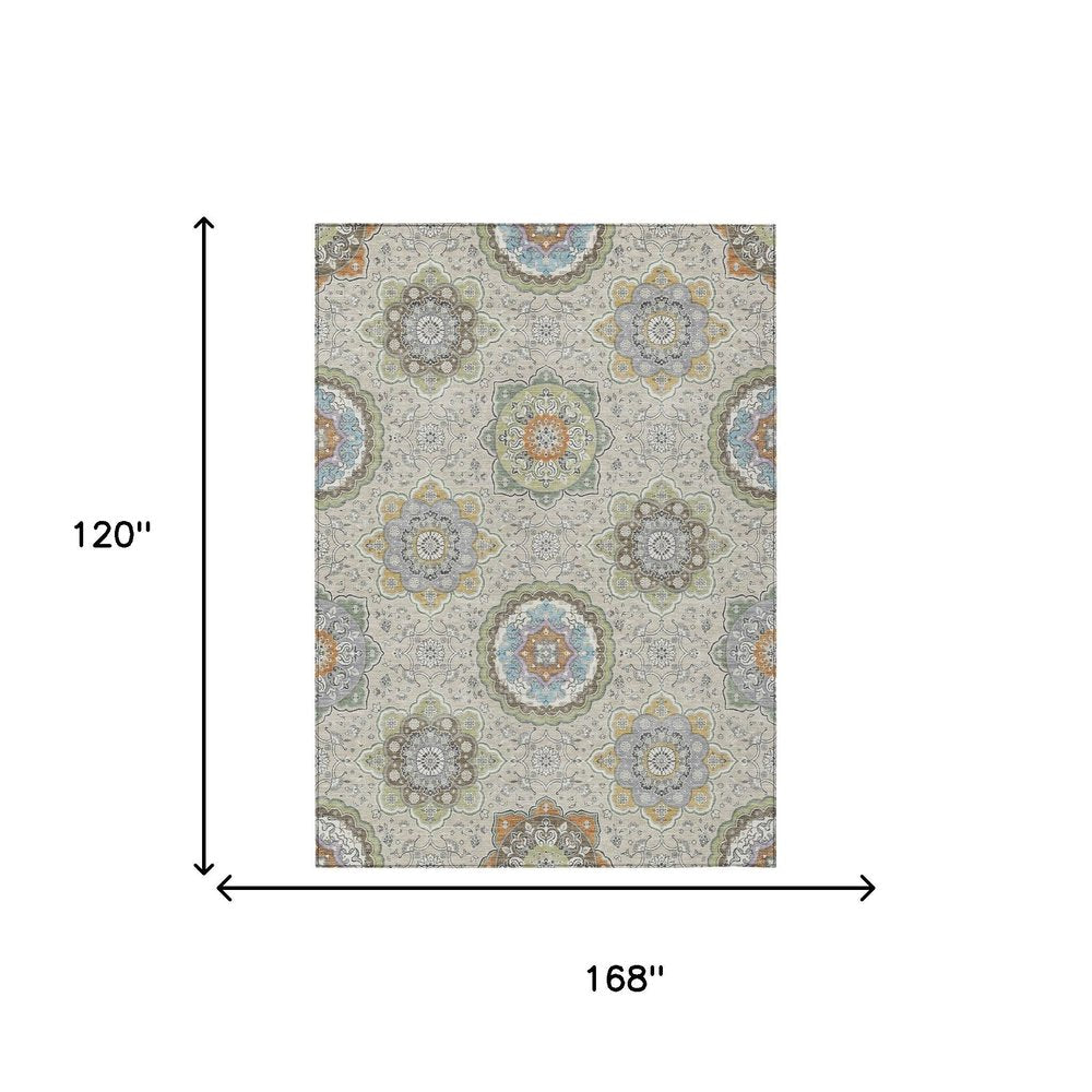 10' X 14' Beige And Brown Floral Medallion Washable Indoor Outdoor Area Rug HomeRoots