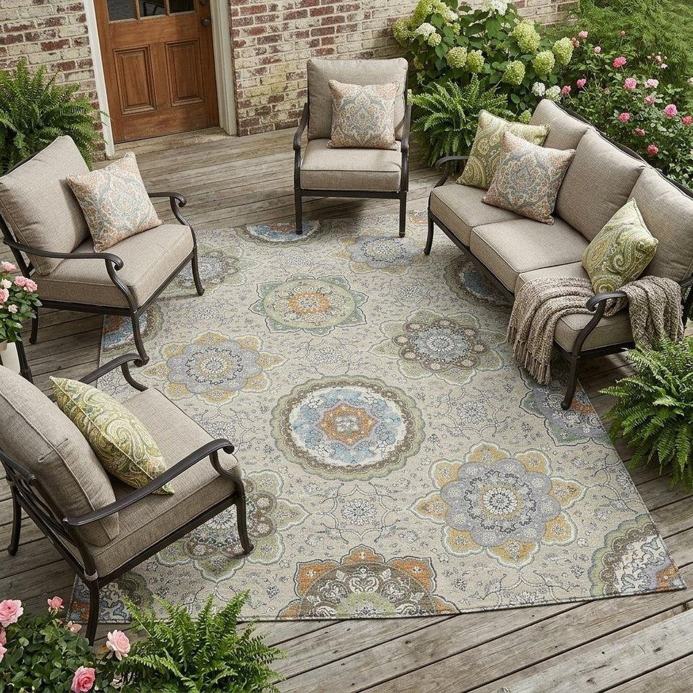 10' X 14' Beige And Brown Floral Medallion Washable Indoor Outdoor Area Rug HomeRoots