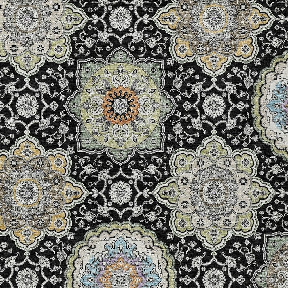 3' X 5' Black And Ivory Floral Medallion Washable Indoor Outdoor Area Rug HomeRoots