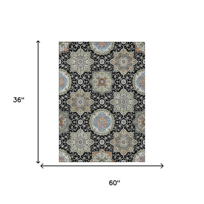 3' X 5' Black And Ivory Floral Medallion Washable Indoor Outdoor Area Rug HomeRoots
