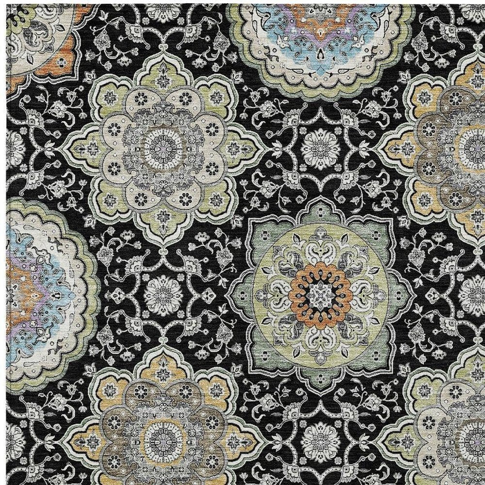 3' X 5' Black And Ivory Floral Medallion Washable Indoor Outdoor Area Rug HomeRoots