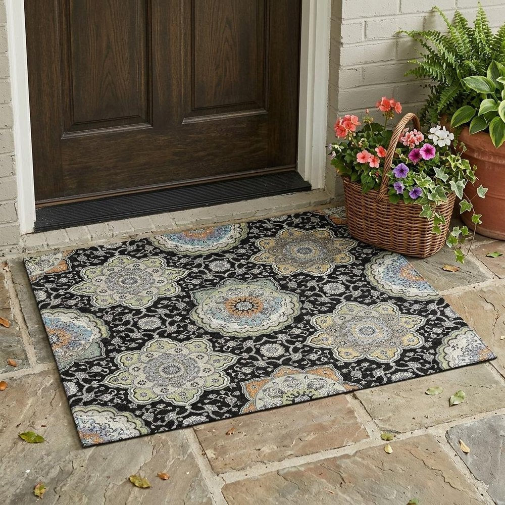 3' X 5' Black And Ivory Floral Medallion Washable Indoor Outdoor Area Rug HomeRoots
