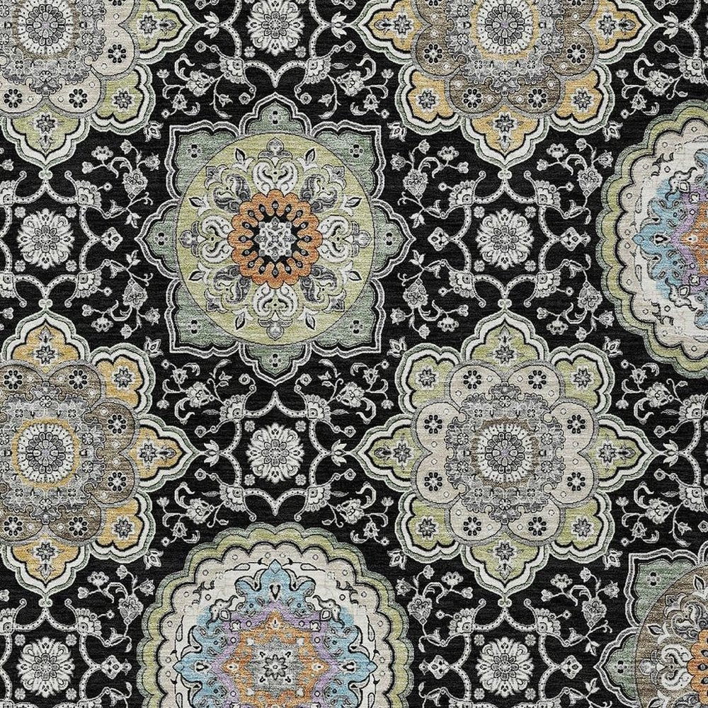 5' X 8' Black And Ivory Floral Medallion Washable Indoor Outdoor Area Rug HomeRoots