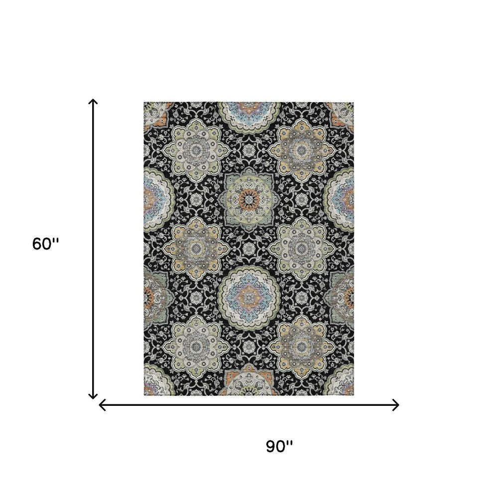 5' X 8' Black And Ivory Floral Medallion Washable Indoor Outdoor Area Rug HomeRoots