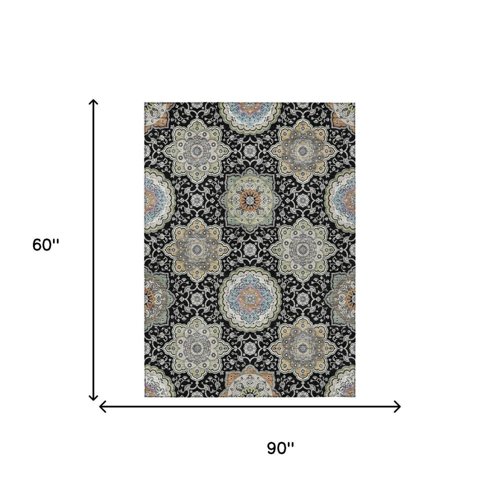5' X 8' Black And Ivory Floral Medallion Washable Indoor Outdoor Area Rug HomeRoots