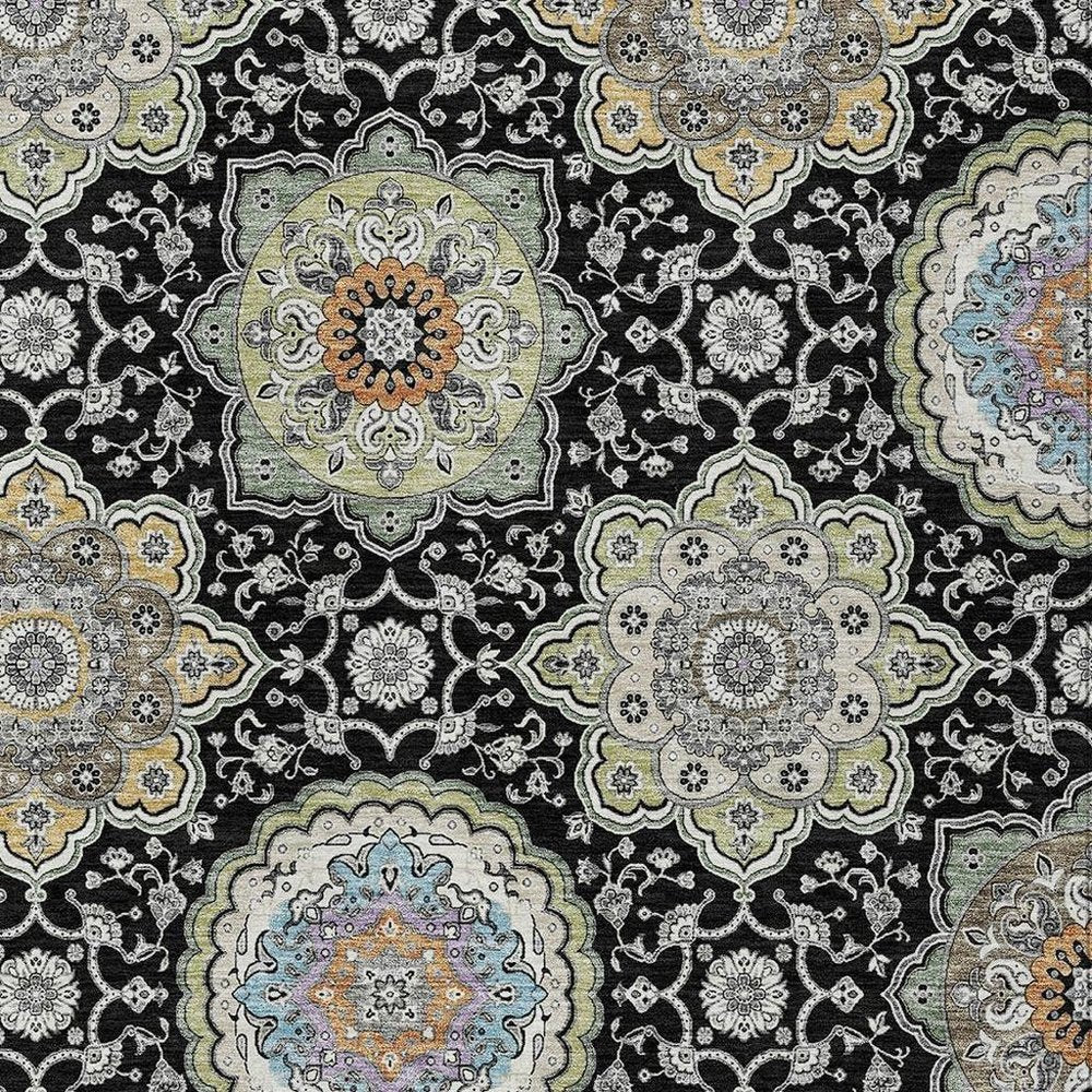 5' X 8' Black And Ivory Floral Medallion Washable Indoor Outdoor Area Rug HomeRoots