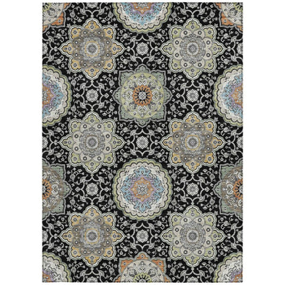 5' X 8' Black And Ivory Floral Medallion Washable Indoor Outdoor Area Rug HomeRoots