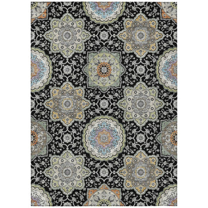 5' X 8' Black And Ivory Floral Medallion Washable Indoor Outdoor Area Rug HomeRoots
