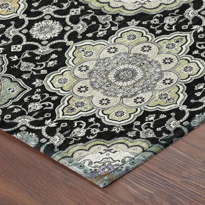 5' X 8' Black And Ivory Floral Medallion Washable Indoor Outdoor Area Rug HomeRoots