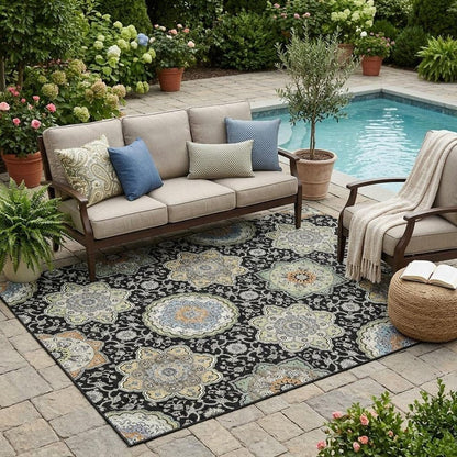 5' X 8' Black And Ivory Floral Medallion Washable Indoor Outdoor Area Rug HomeRoots