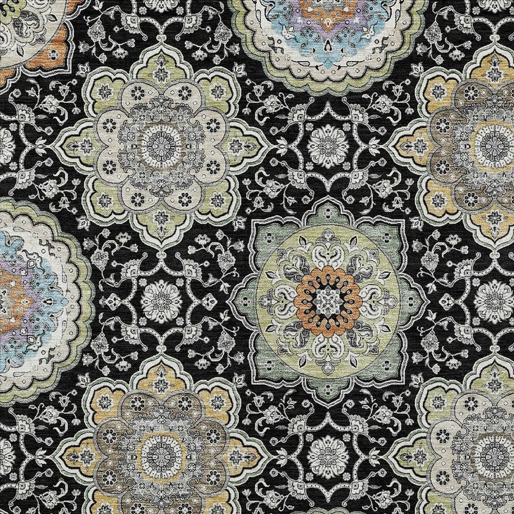 8' X 10' Black And Ivory Floral Medallion Washable Indoor Outdoor Area Rug HomeRoots