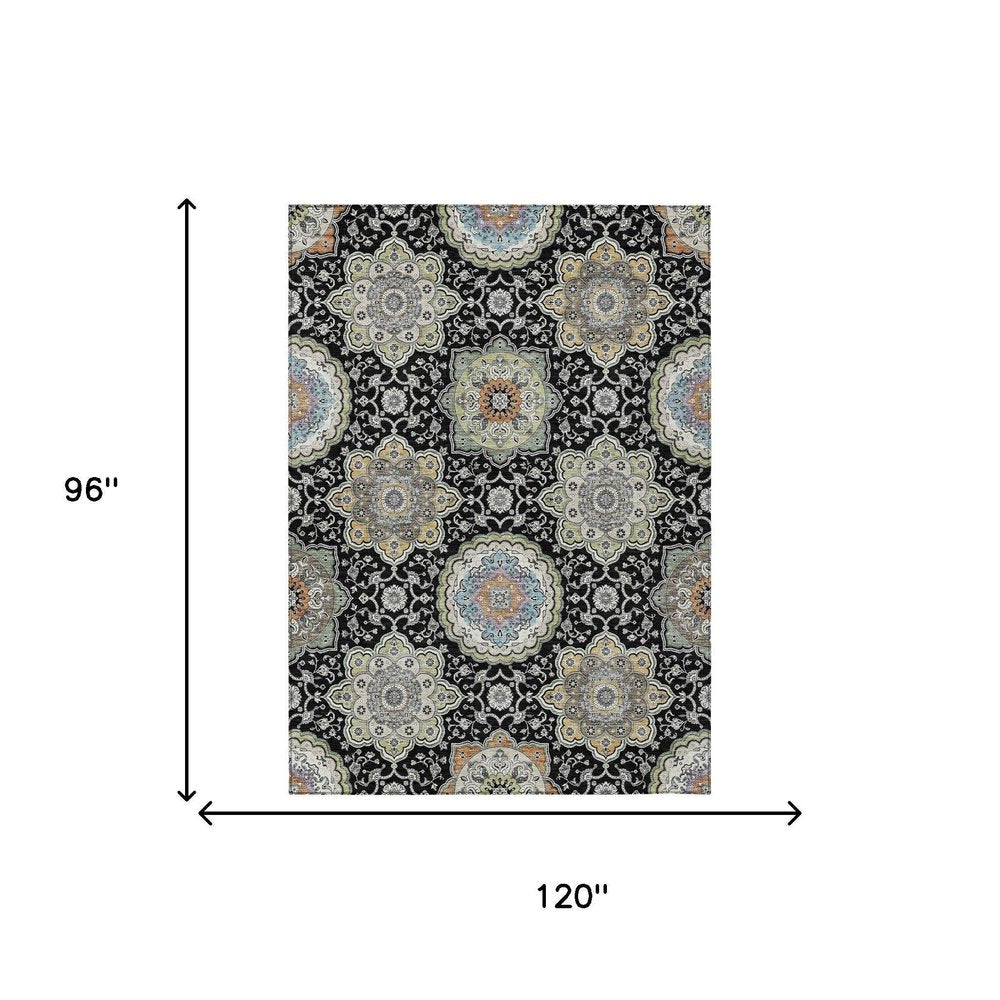 8' X 10' Black And Ivory Floral Medallion Washable Indoor Outdoor Area Rug HomeRoots