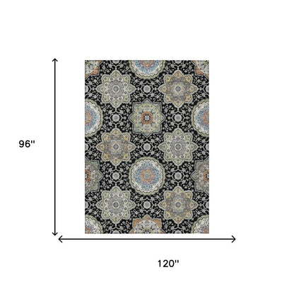 8' X 10' Black And Ivory Floral Medallion Washable Indoor Outdoor Area Rug HomeRoots