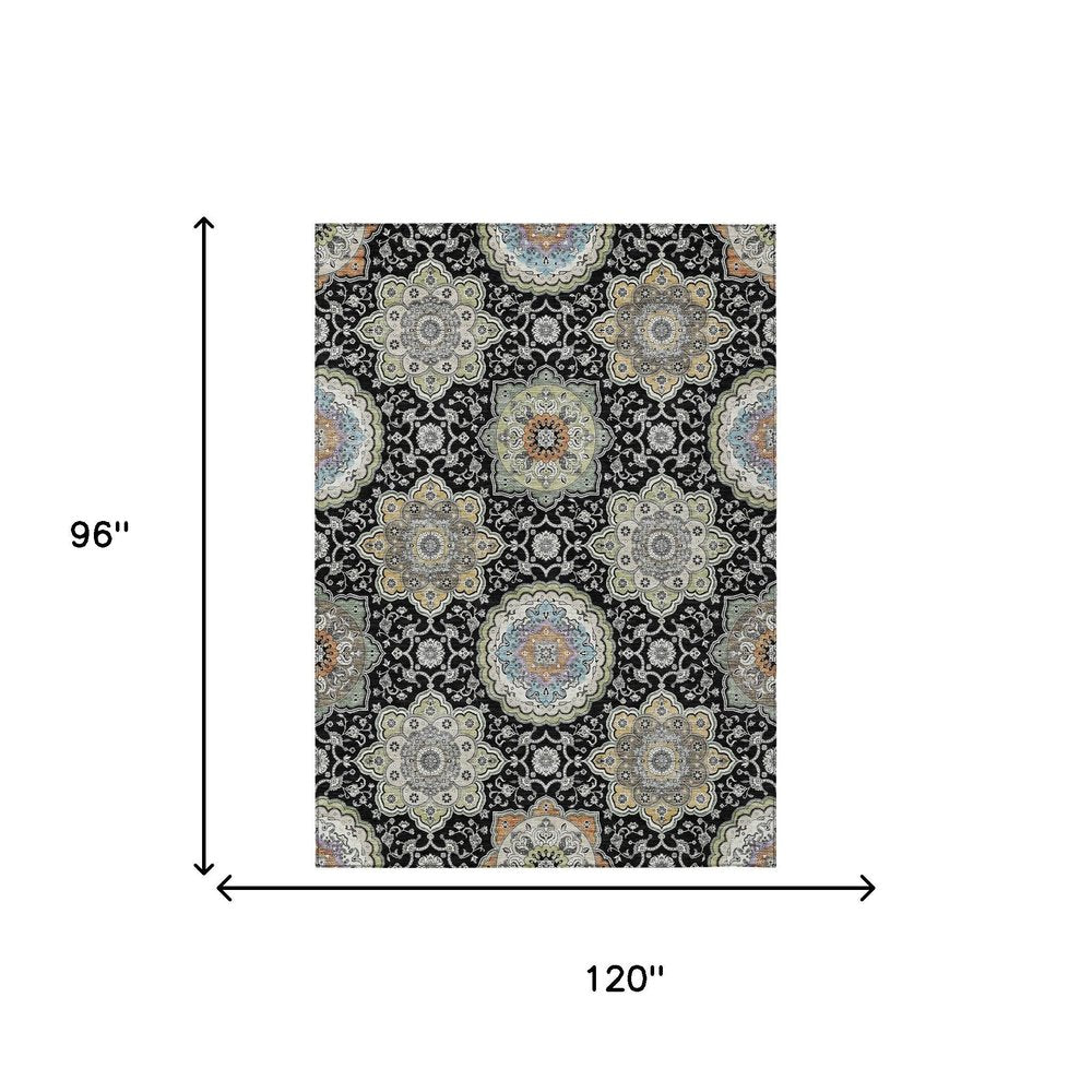 8' X 10' Black And Ivory Floral Medallion Washable Indoor Outdoor Area Rug HomeRoots