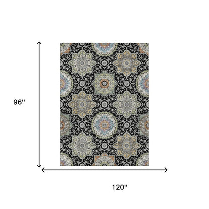 8' X 10' Black And Ivory Floral Medallion Washable Indoor Outdoor Area Rug HomeRoots