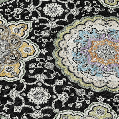 8' X 10' Black And Ivory Floral Medallion Washable Indoor Outdoor Area Rug HomeRoots