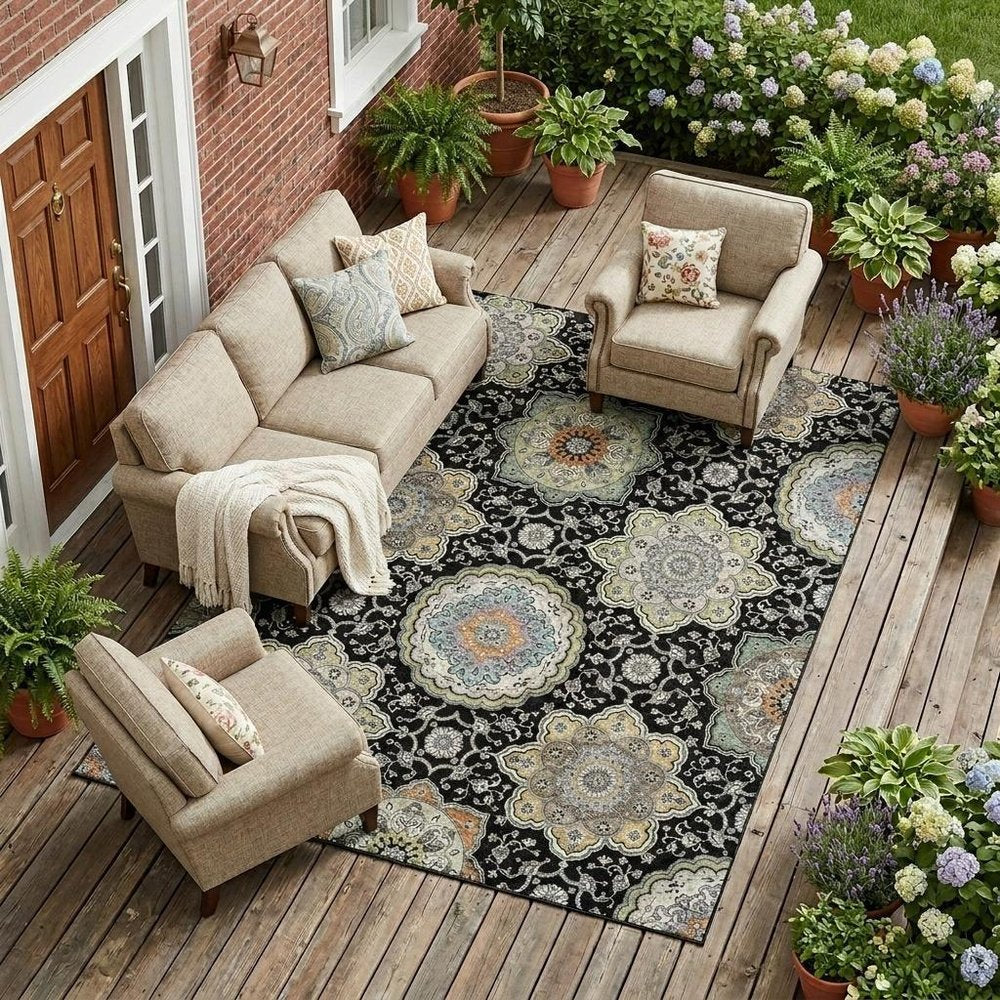 8' X 10' Black And Ivory Floral Medallion Washable Indoor Outdoor Area Rug HomeRoots