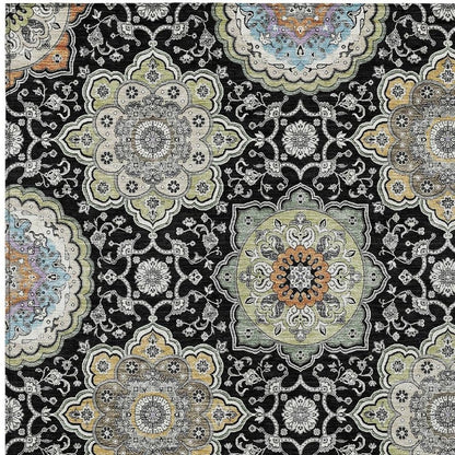 9' X 12' Black And Ivory Floral Medallion Washable Indoor Outdoor Area Rug HomeRoots
