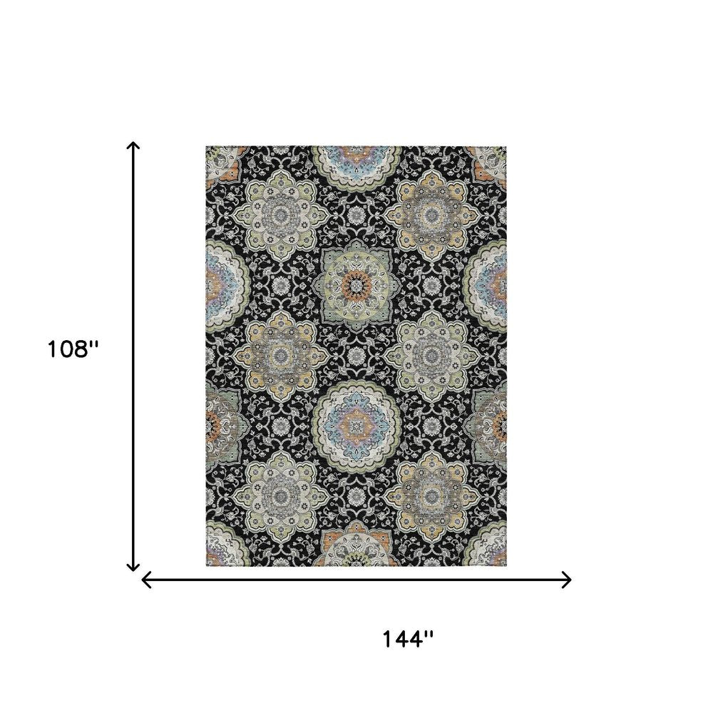 9' X 12' Black And Ivory Floral Medallion Washable Indoor Outdoor Area Rug HomeRoots