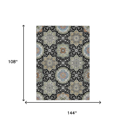 9' X 12' Black And Ivory Floral Medallion Washable Indoor Outdoor Area Rug HomeRoots