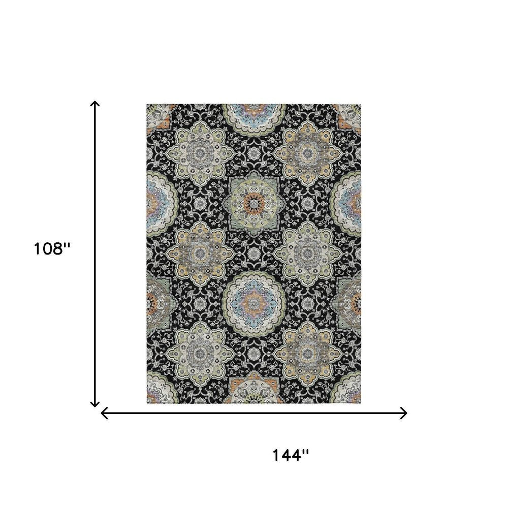 9' X 12' Black And Ivory Floral Medallion Washable Indoor Outdoor Area Rug HomeRoots