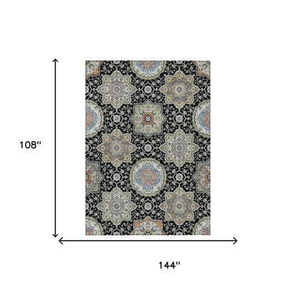 9' X 12' Black And Ivory Floral Medallion Washable Indoor Outdoor Area Rug HomeRoots
