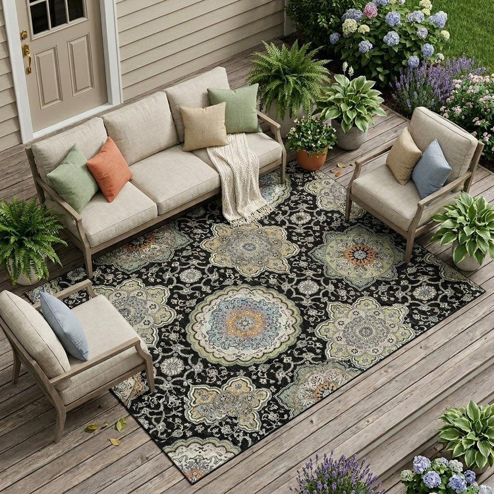 9' X 12' Black And Ivory Floral Medallion Washable Indoor Outdoor Area Rug HomeRoots