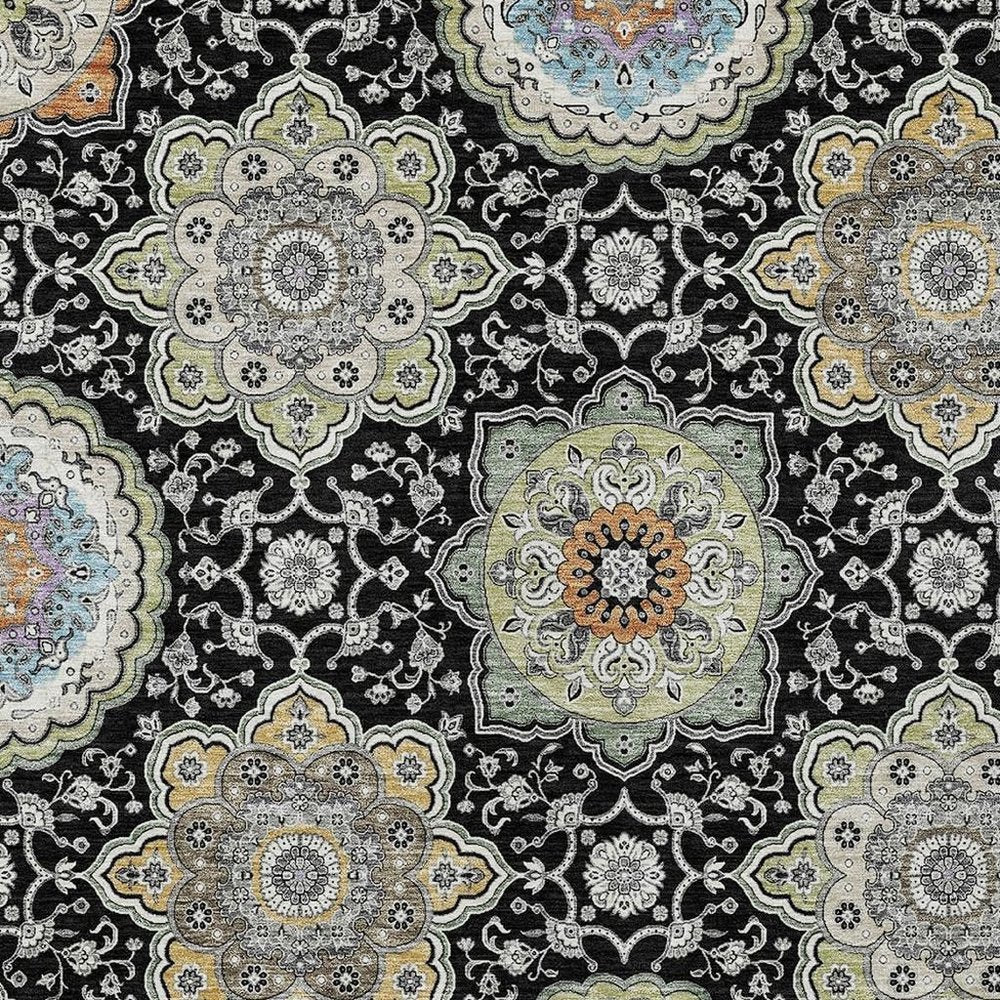 10' X 14' Black And Ivory Floral Medallion Washable Indoor Outdoor Area Rug HomeRoots