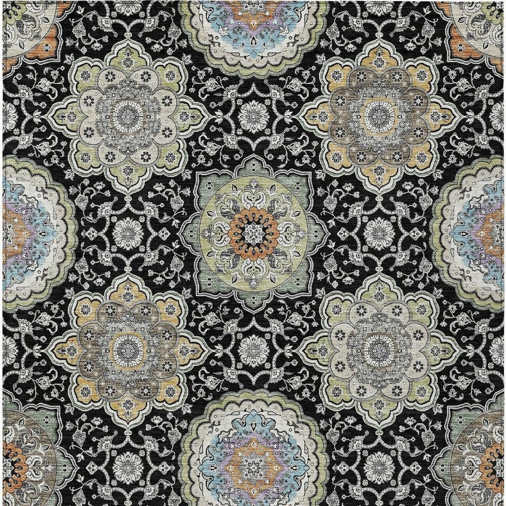 10' X 14' Black And Ivory Floral Medallion Washable Indoor Outdoor Area Rug HomeRoots