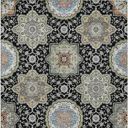 10' X 14' Black And Ivory Floral Medallion Washable Indoor Outdoor Area Rug HomeRoots