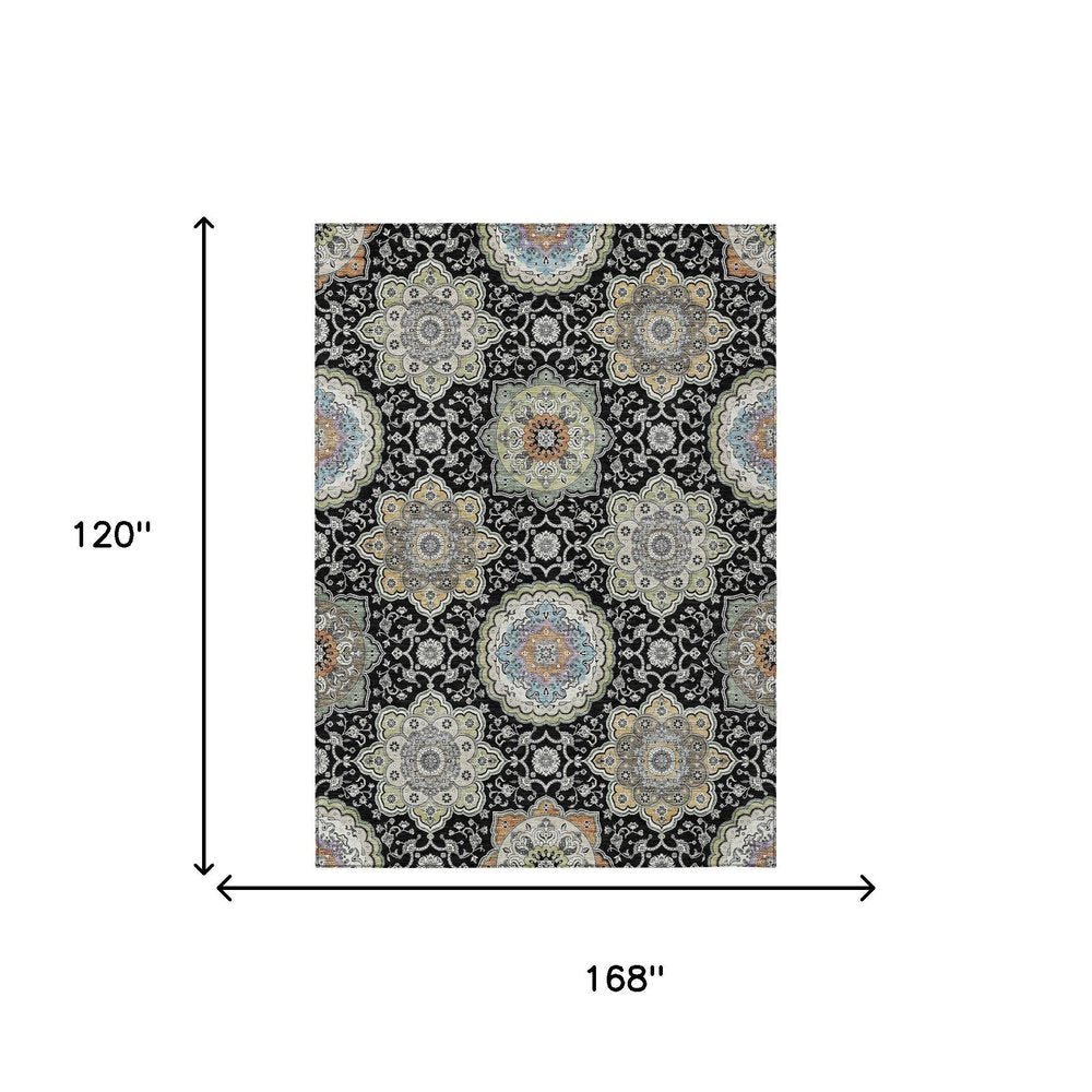 10' X 14' Black And Ivory Floral Medallion Washable Indoor Outdoor Area Rug HomeRoots