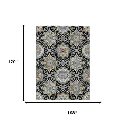 10' X 14' Black And Ivory Floral Medallion Washable Indoor Outdoor Area Rug HomeRoots