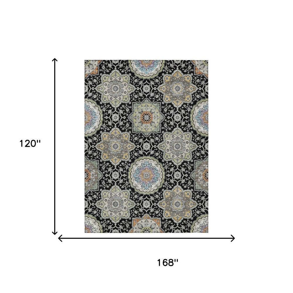 10' X 14' Black And Ivory Floral Medallion Washable Indoor Outdoor Area Rug HomeRoots
