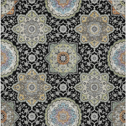 10' X 14' Black And Ivory Floral Medallion Washable Indoor Outdoor Area Rug HomeRoots