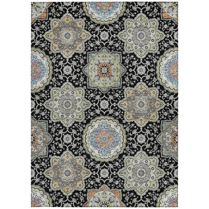 10' X 14' Black And Ivory Floral Medallion Washable Indoor Outdoor Area Rug HomeRoots