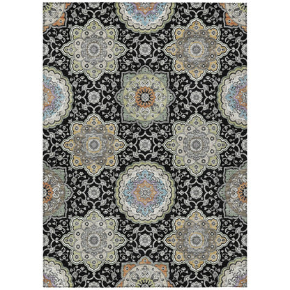 10' X 14' Black And Ivory Floral Medallion Washable Indoor Outdoor Area Rug HomeRoots
