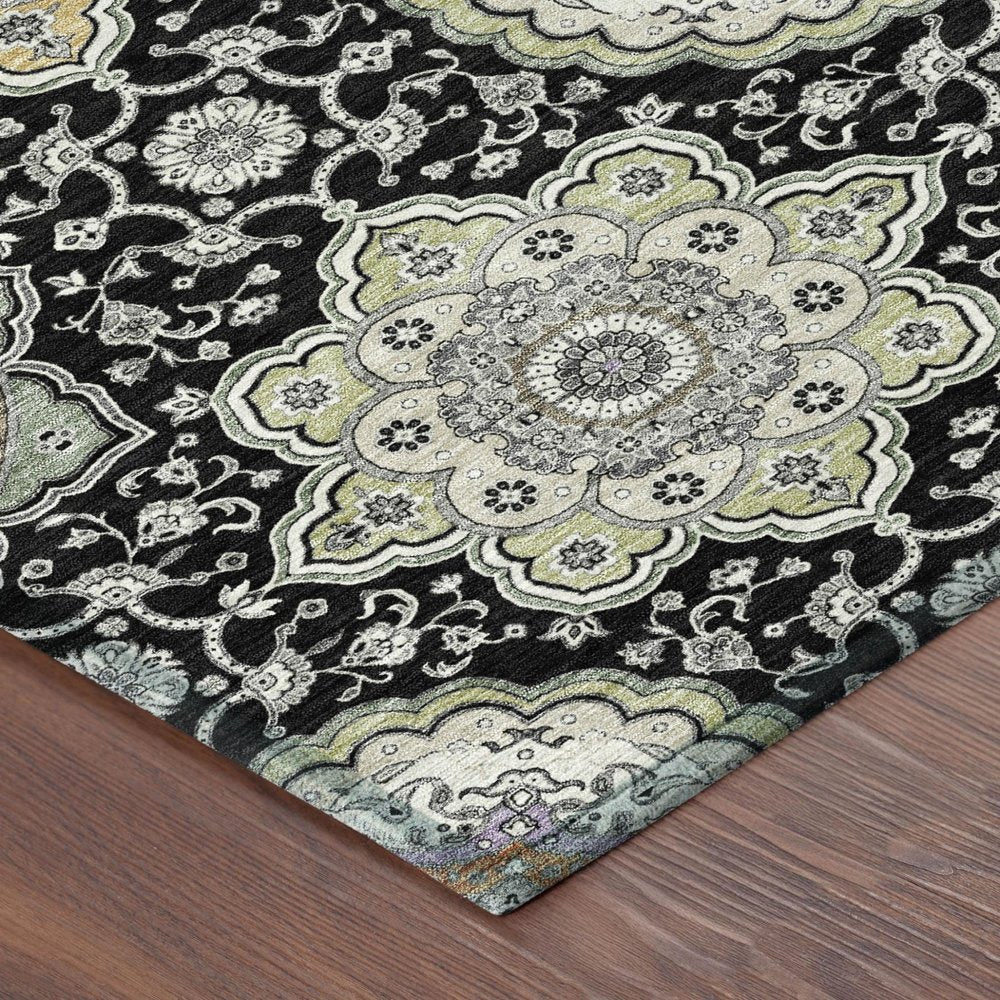 10' X 14' Black And Ivory Floral Medallion Washable Indoor Outdoor Area Rug HomeRoots