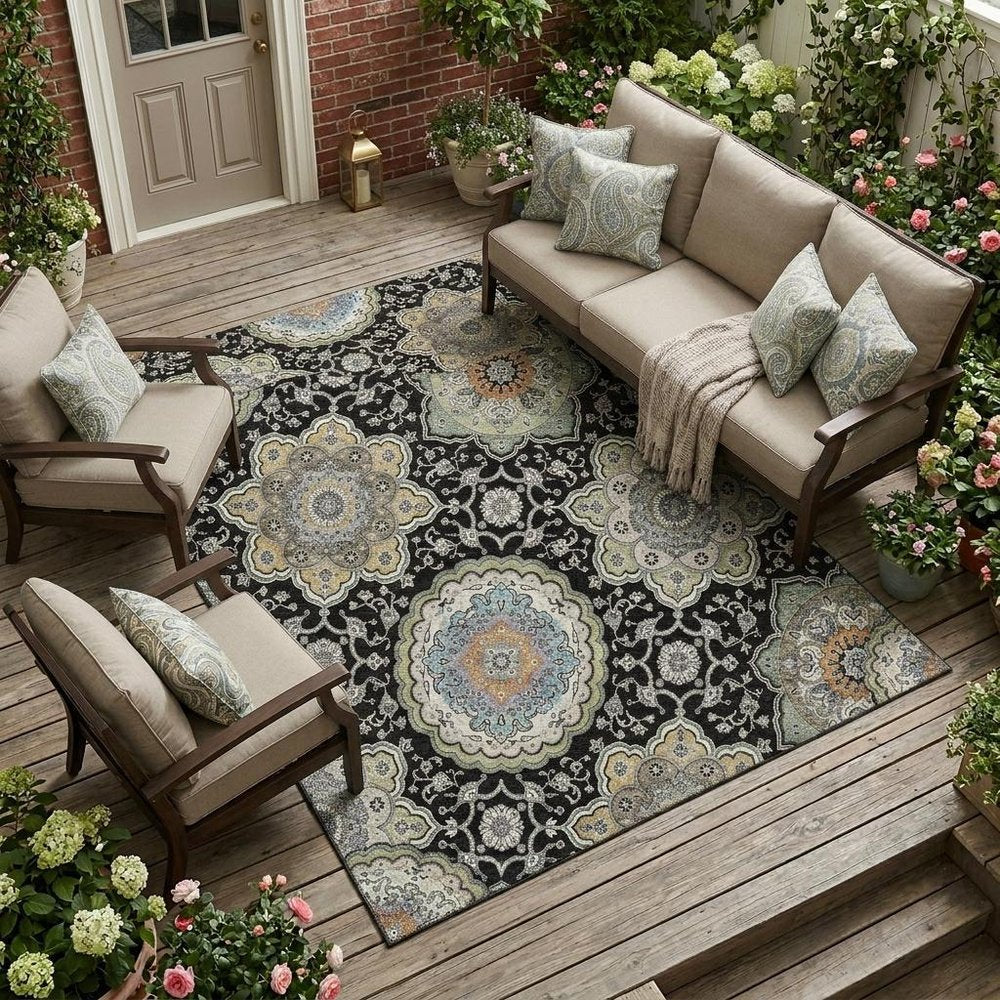 10' X 14' Black And Ivory Floral Medallion Washable Indoor Outdoor Area Rug HomeRoots