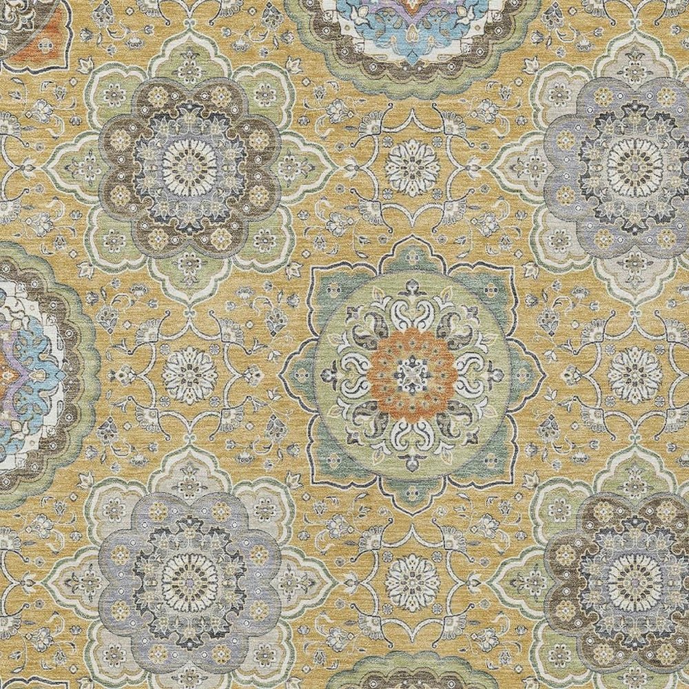 3' X 5' Gold And Ivory Floral Medallion Washable Indoor Outdoor Area Rug HomeRoots