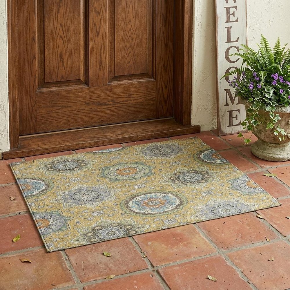 3' X 5' Gold And Ivory Floral Medallion Washable Indoor Outdoor Area Rug HomeRoots