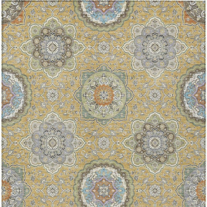 5' X 8' Gold And Ivory Floral Medallion Washable Indoor Outdoor Area Rug