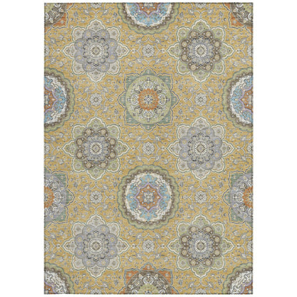 5' X 8' Gold And Ivory Floral Medallion Washable Indoor Outdoor Area Rug HomeRoots