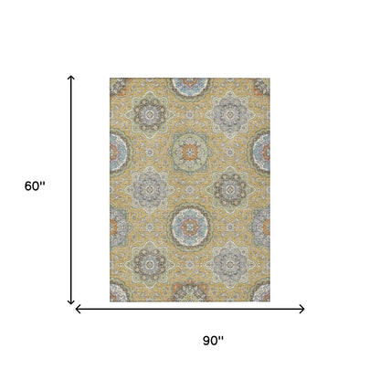 5' X 8' Gold And Ivory Floral Medallion Washable Indoor Outdoor Area Rug