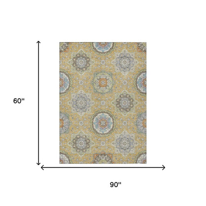 5' X 8' Gold And Ivory Floral Medallion Washable Indoor Outdoor Area Rug HomeRoots