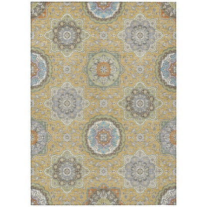 5' X 8' Gold And Ivory Floral Medallion Washable Indoor Outdoor Area Rug HomeRoots