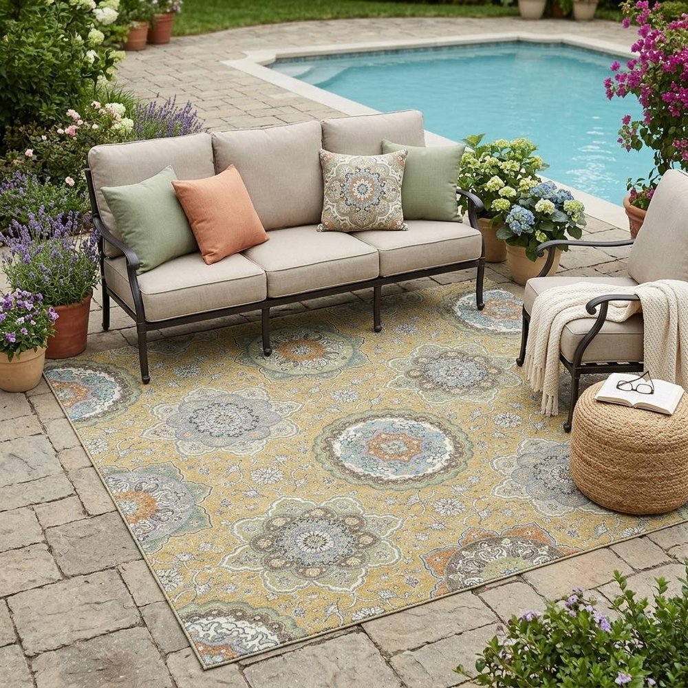 5' X 8' Gold And Ivory Floral Medallion Washable Indoor Outdoor Area Rug HomeRoots