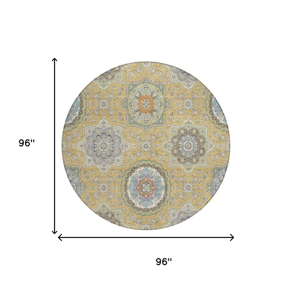 8' Gold And Ivory Round Floral Medallion Washable Indoor Outdoor Area Rug HomeRoots