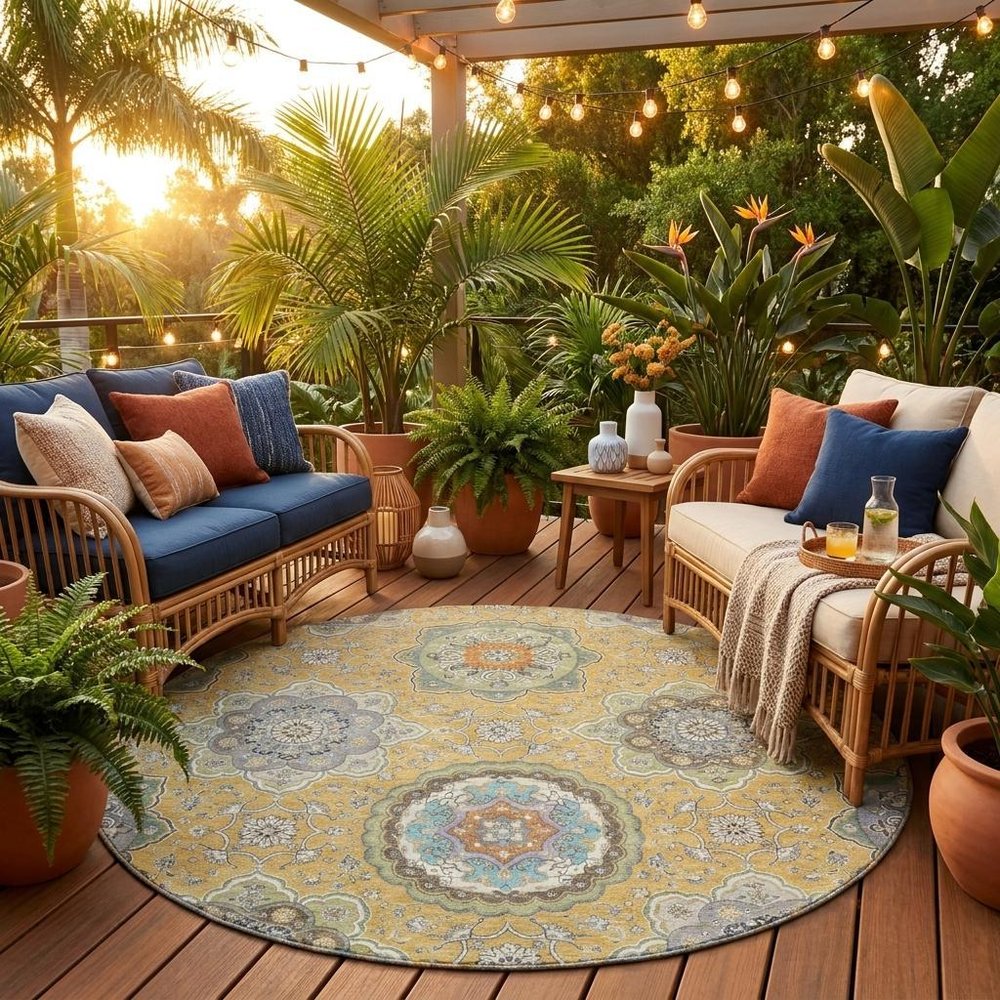 8' Gold And Ivory Round Floral Medallion Washable Indoor Outdoor Area Rug HomeRoots