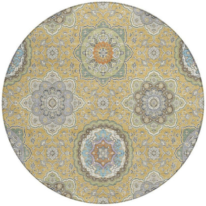 8' Gold And Ivory Round Floral Medallion Washable Indoor Outdoor Area Rug HomeRoots