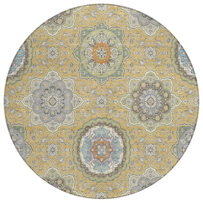 8' Gold And Ivory Round Floral Medallion Washable Indoor Outdoor Area Rug HomeRoots